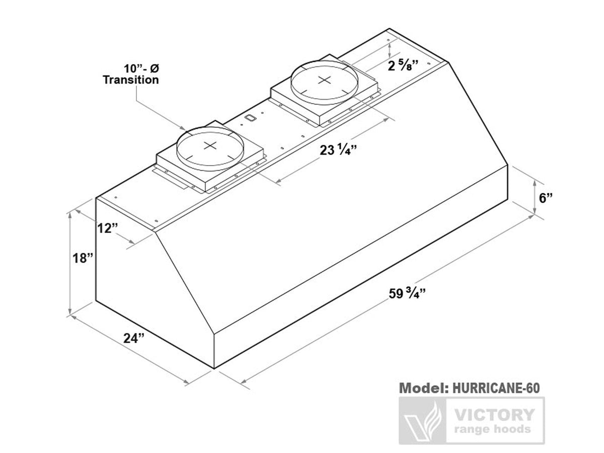 Under-cabinet range hood size diagram with dimensions for HURRICANE-60 model