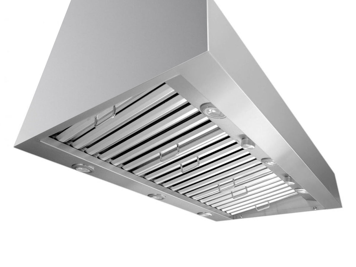 Stainless steel under-cabinet range hood underside with mesh filters and recessed lights