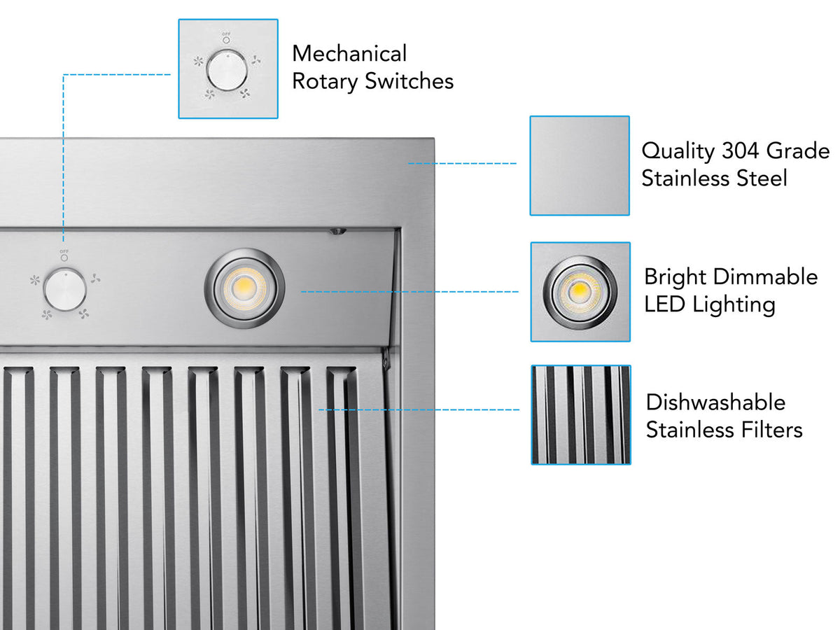Under-cabinet range hood with rotary switch controls, LED lights, and stainless filters
