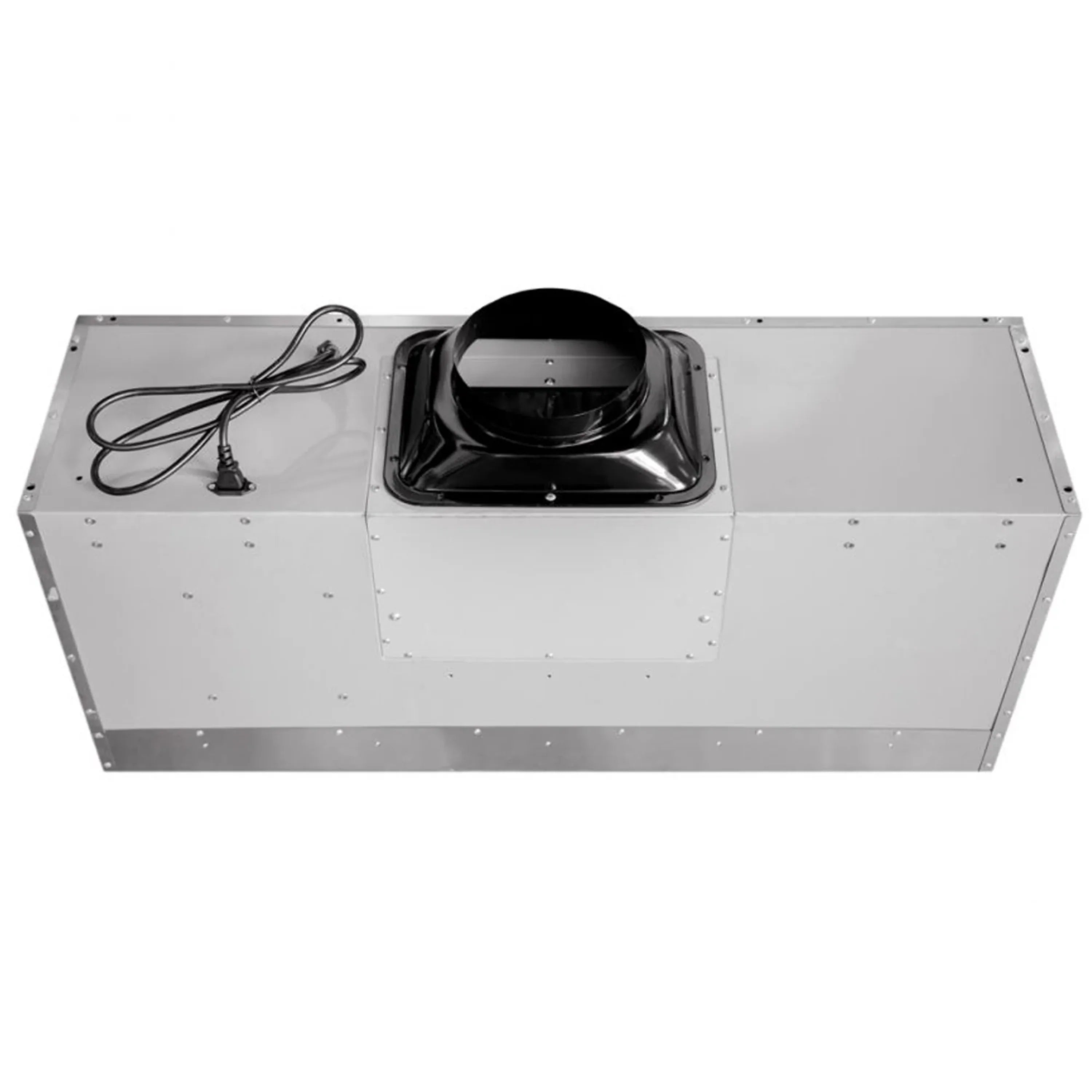 Stainless range hood blower housing with duct outlet and power cord