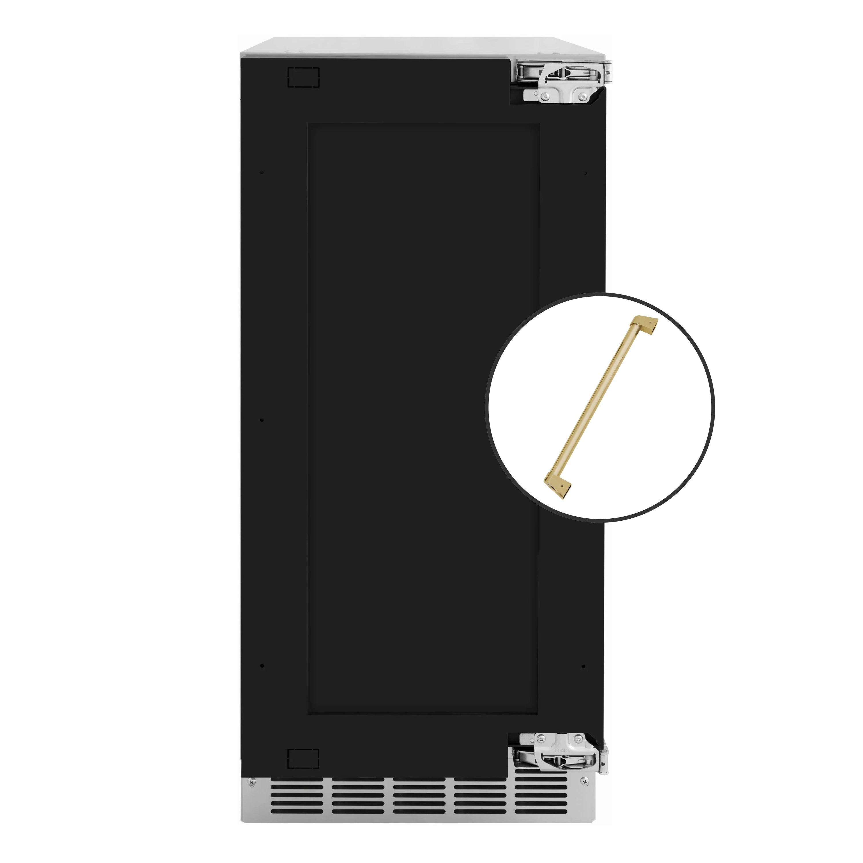 Black clear cube ice maker front with open door hinge and raised bottom vent