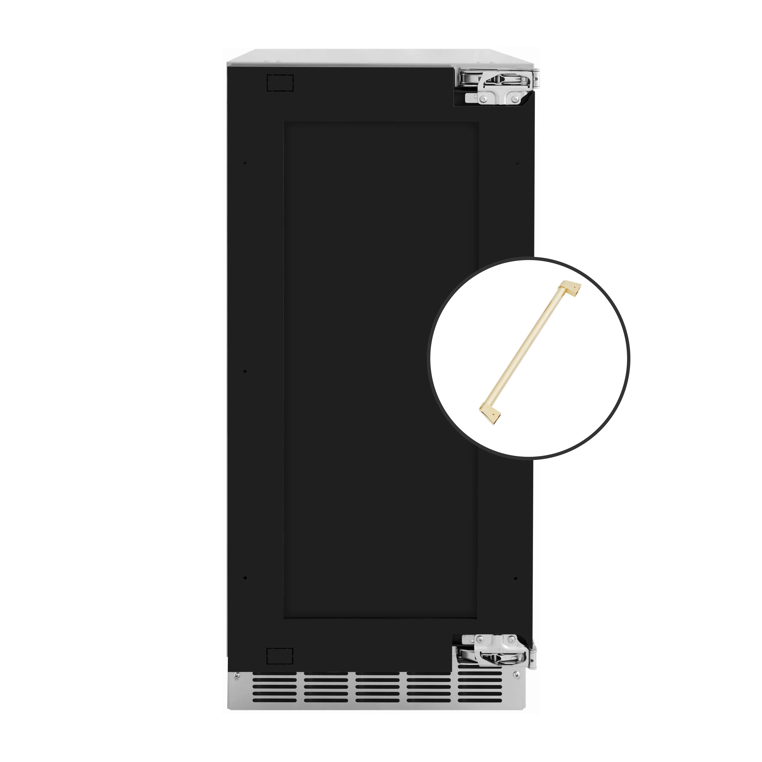 Cube ice maker door with gold handle detail on black front