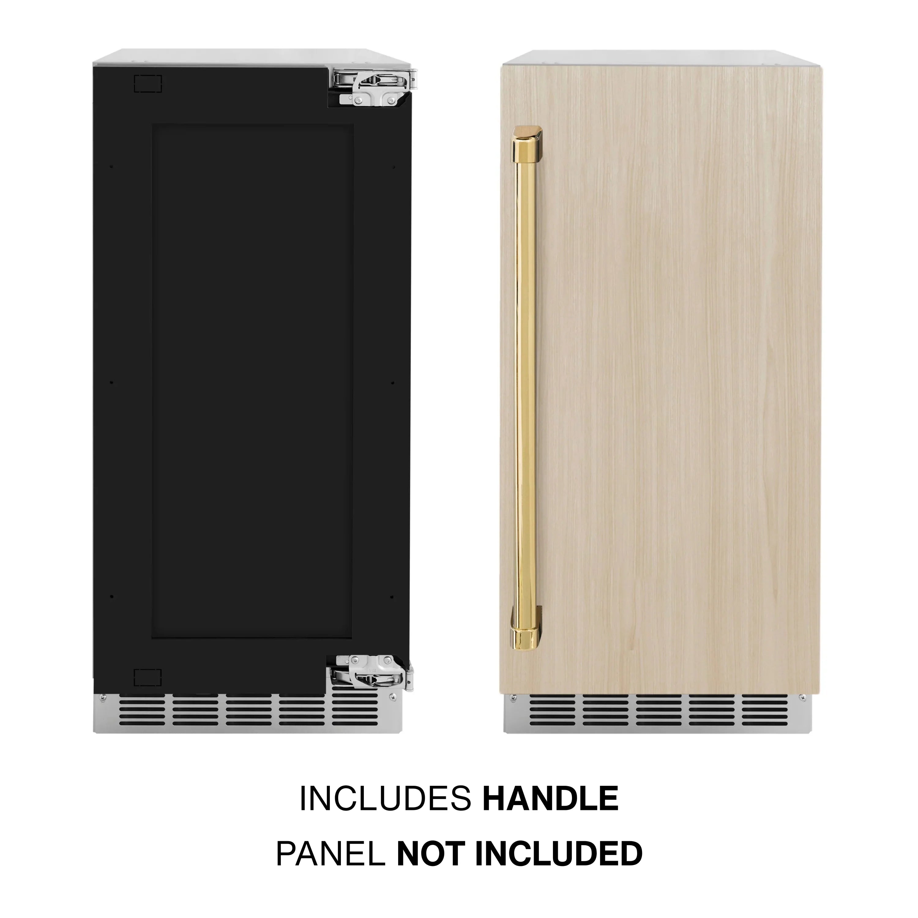 Cube ice maker with black door and separate light wood panel with gold handle
