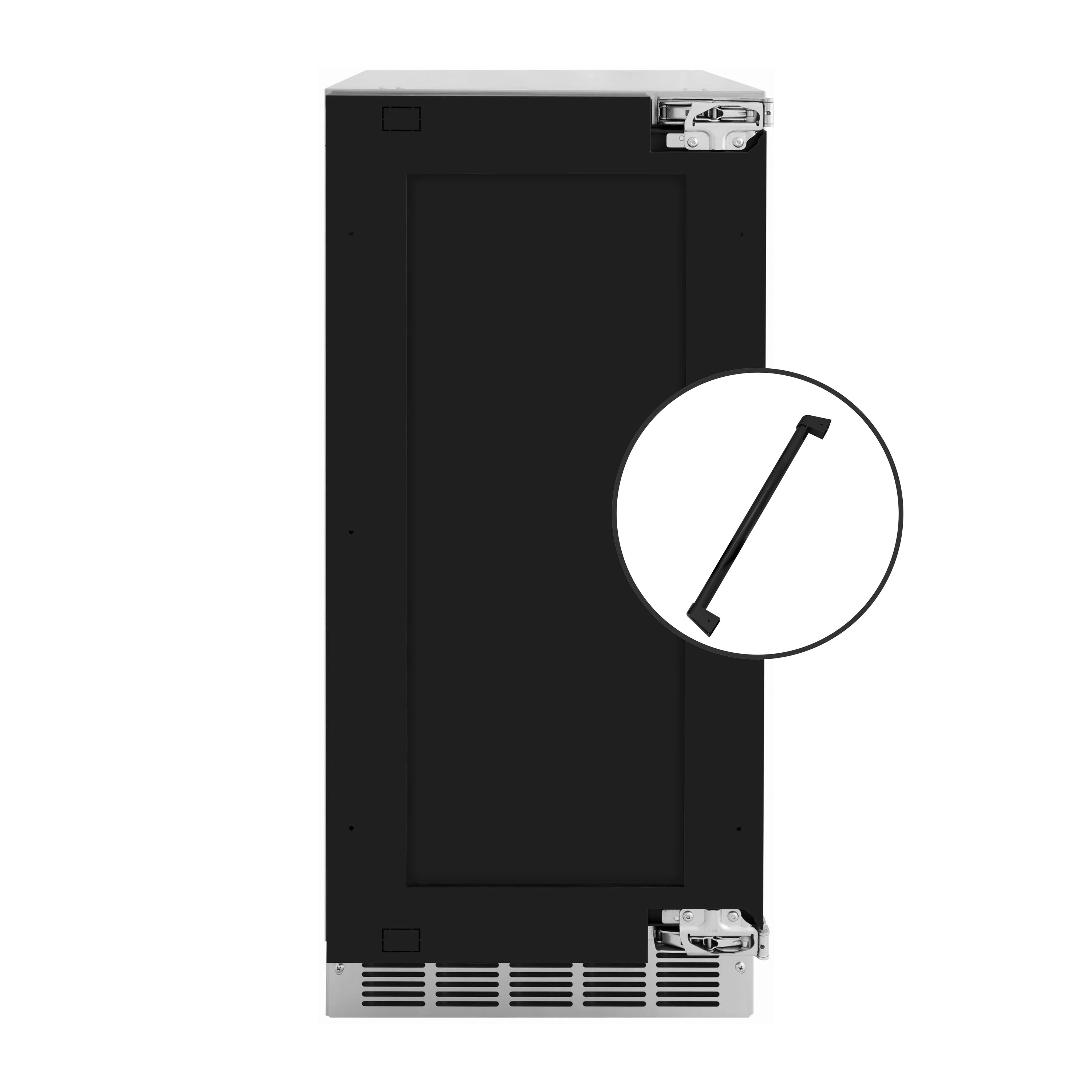 Panel-ready clear cube ice maker with matte black door and visible internal hinges