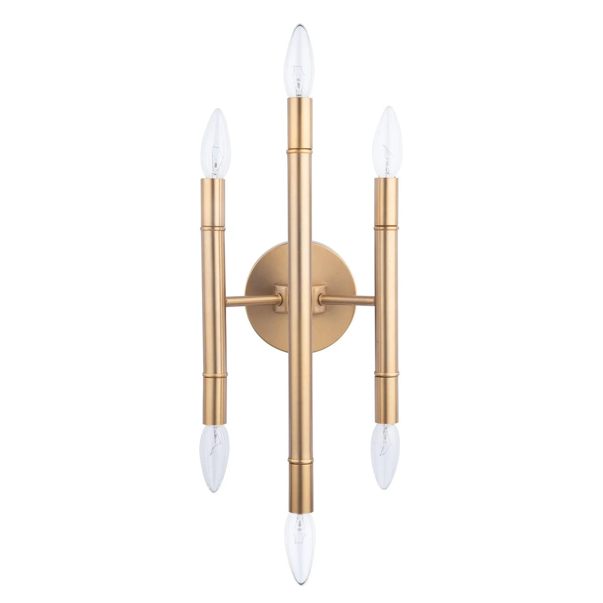 Golden 6-light wall sconce with five slim arms and candle bulbs, round backplate