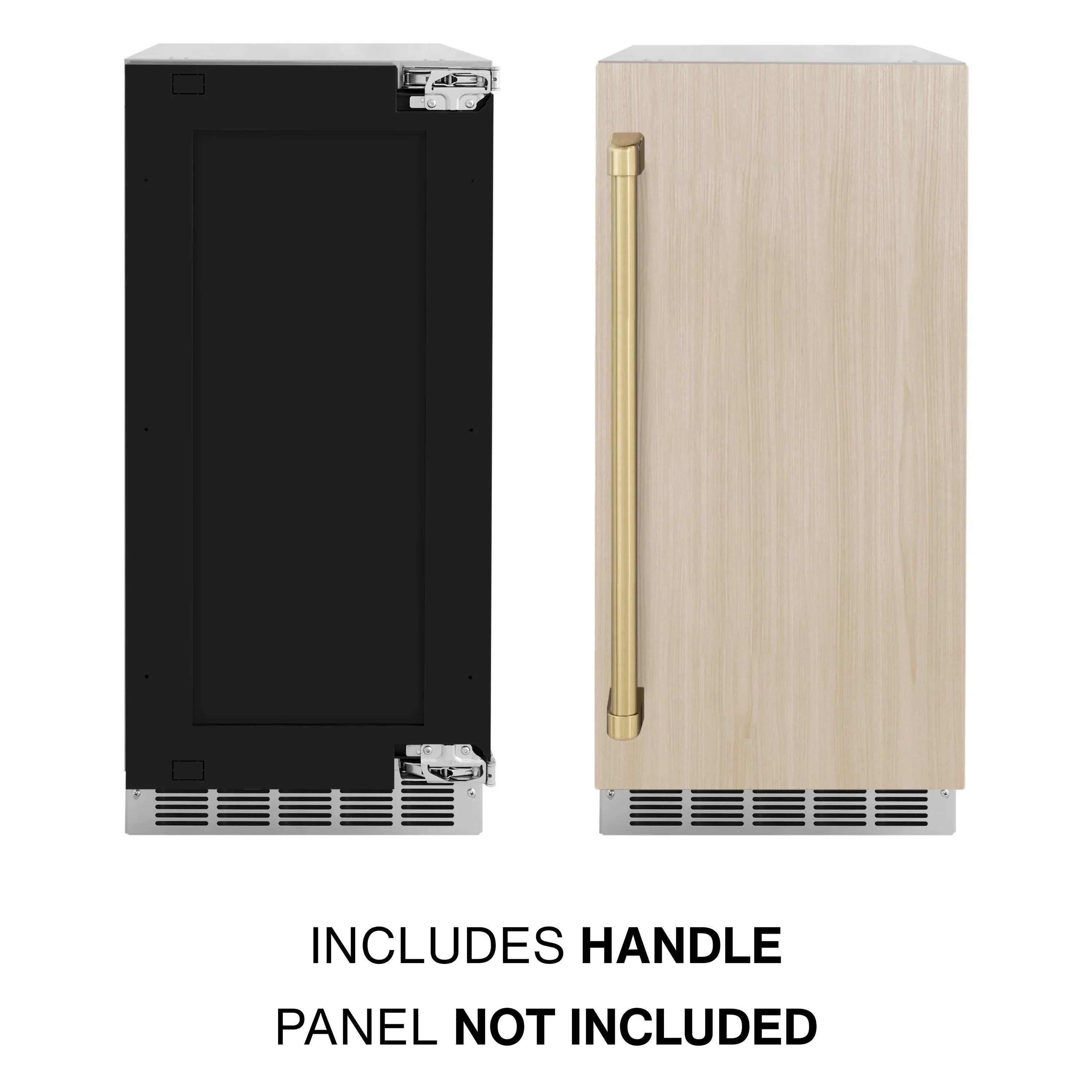 Ice maker door options: black front and light wood panel with bronze pull handle