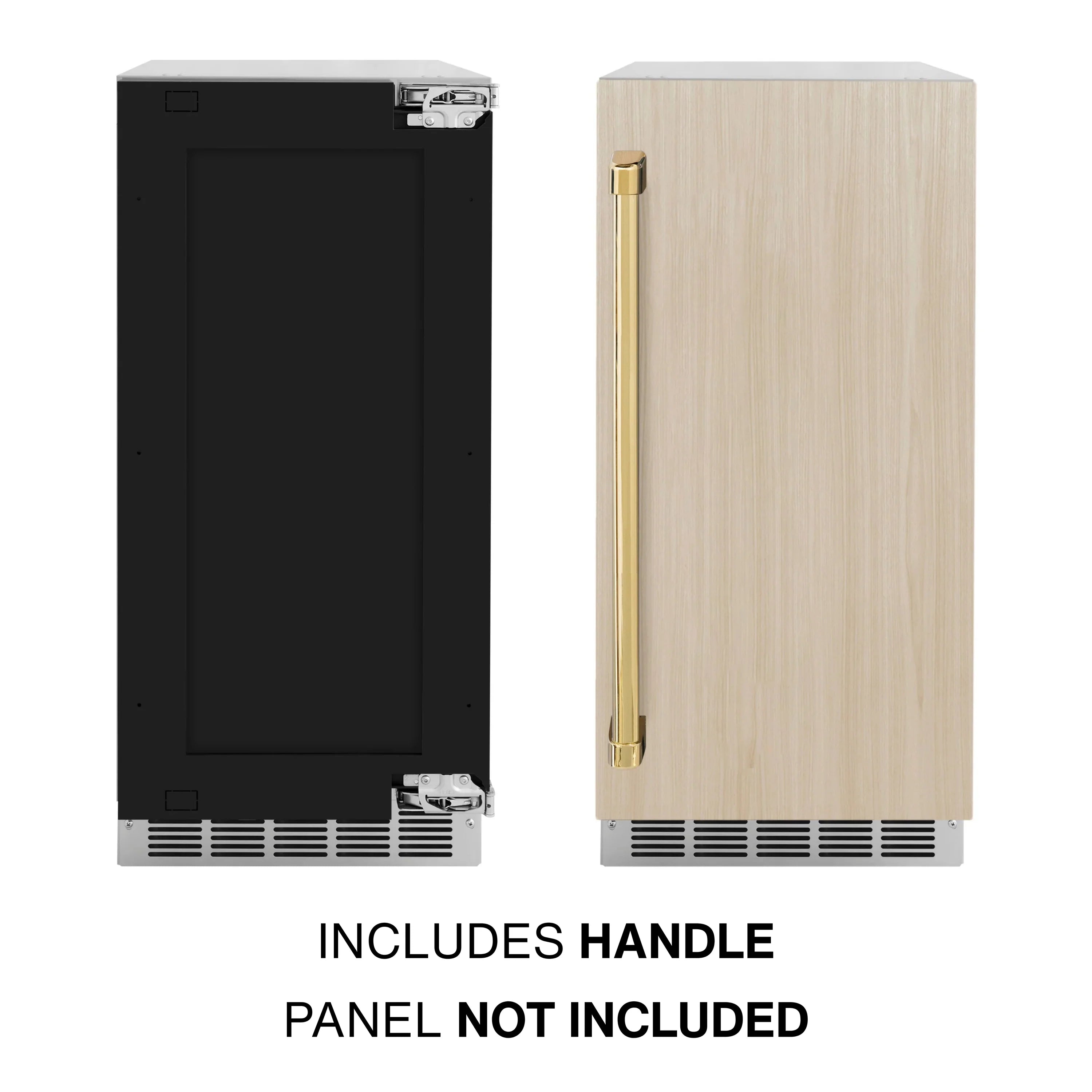 Panel-ready ice maker shown in black and light wood doors with gold handle