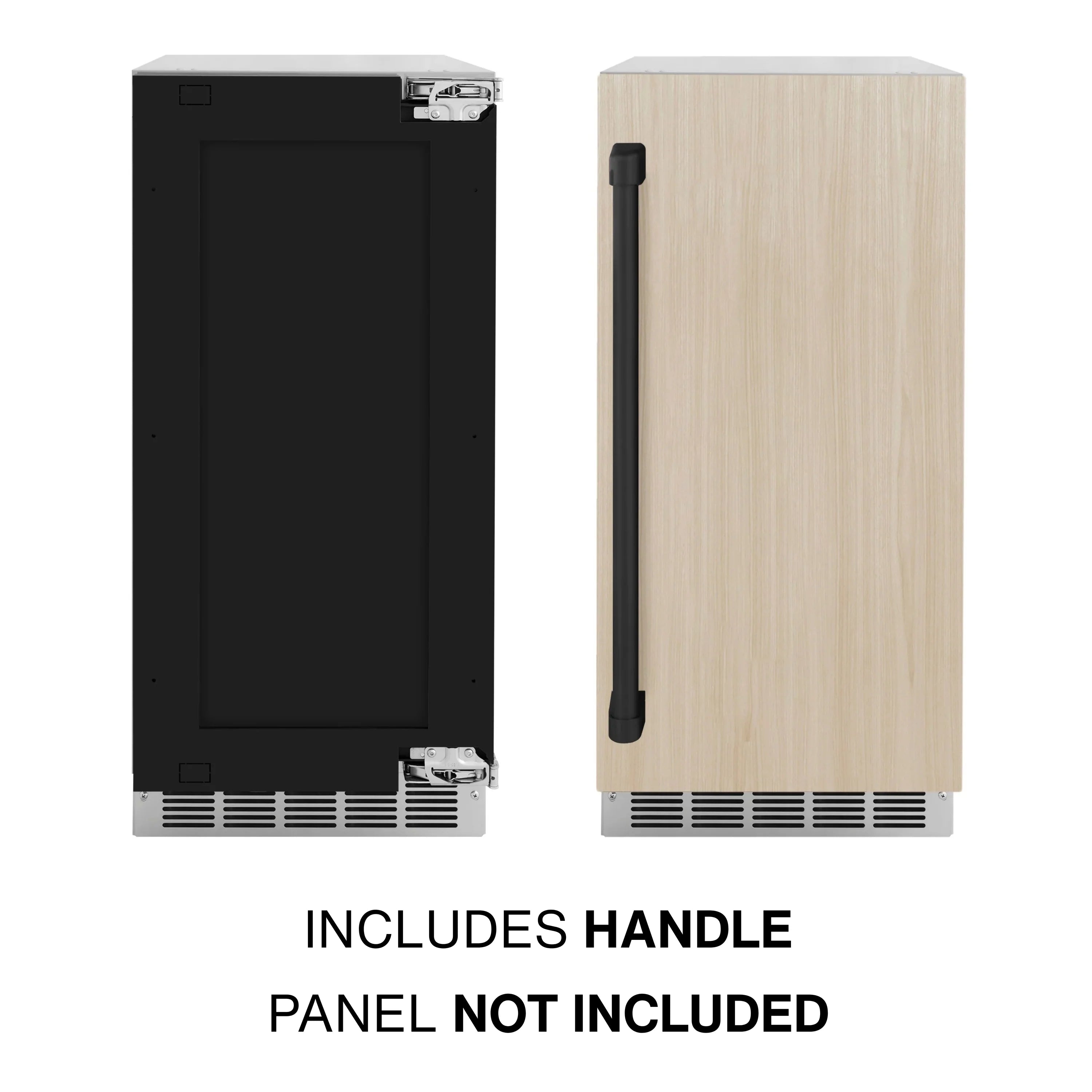 Panel-ready ice maker front with matte black door, included handle, and wood panel option