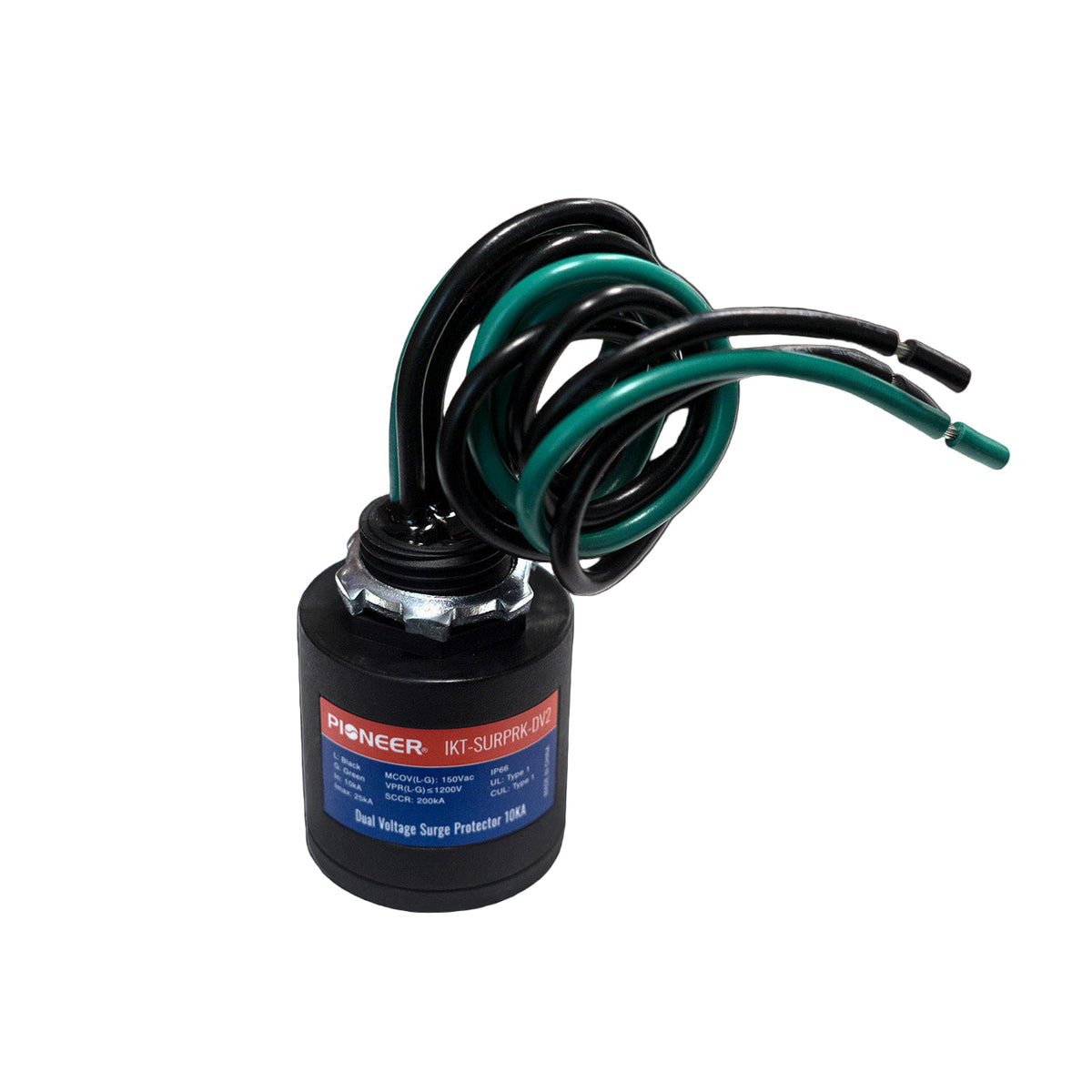 Pioneer dual voltage surge protector with attached green and black power leads
