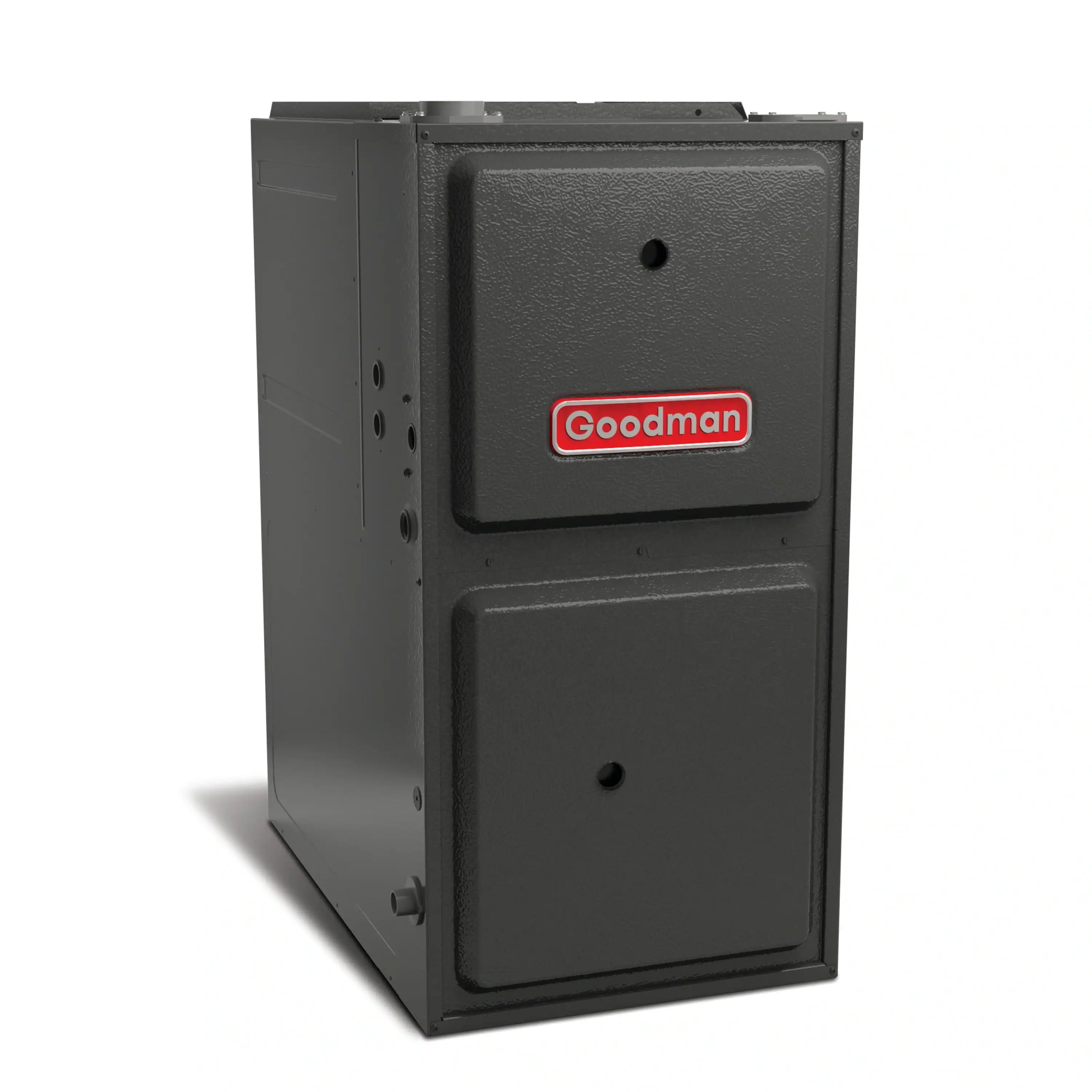 Goodman gas furnace cabinet with Goodman logo and two service doors