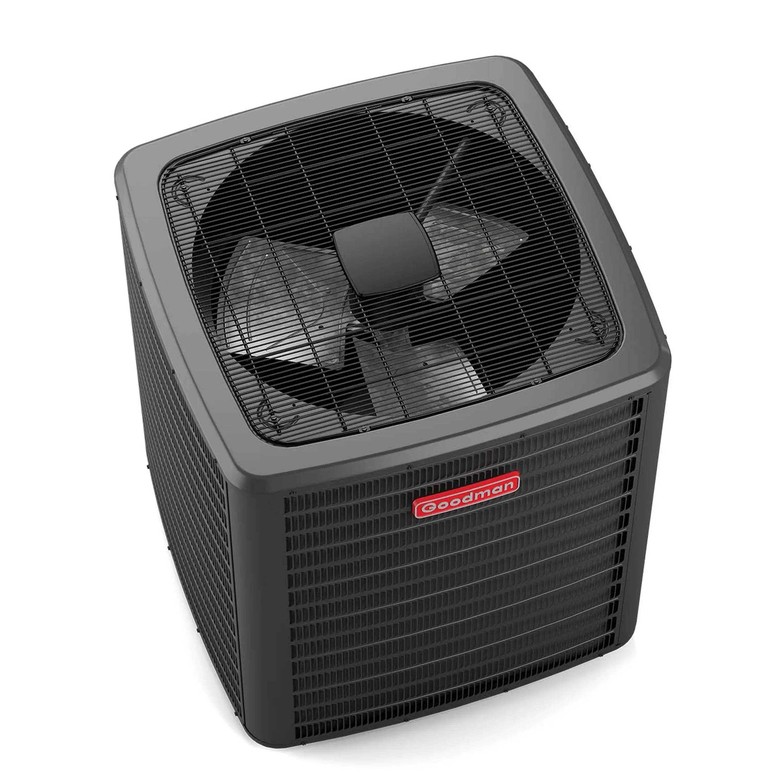 Goodman heat pump condenser with visible fan and coil top, dark gray