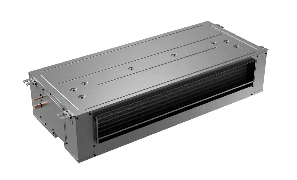 Goodman ACST air handler unit with front open duct and gray metal cabinet
