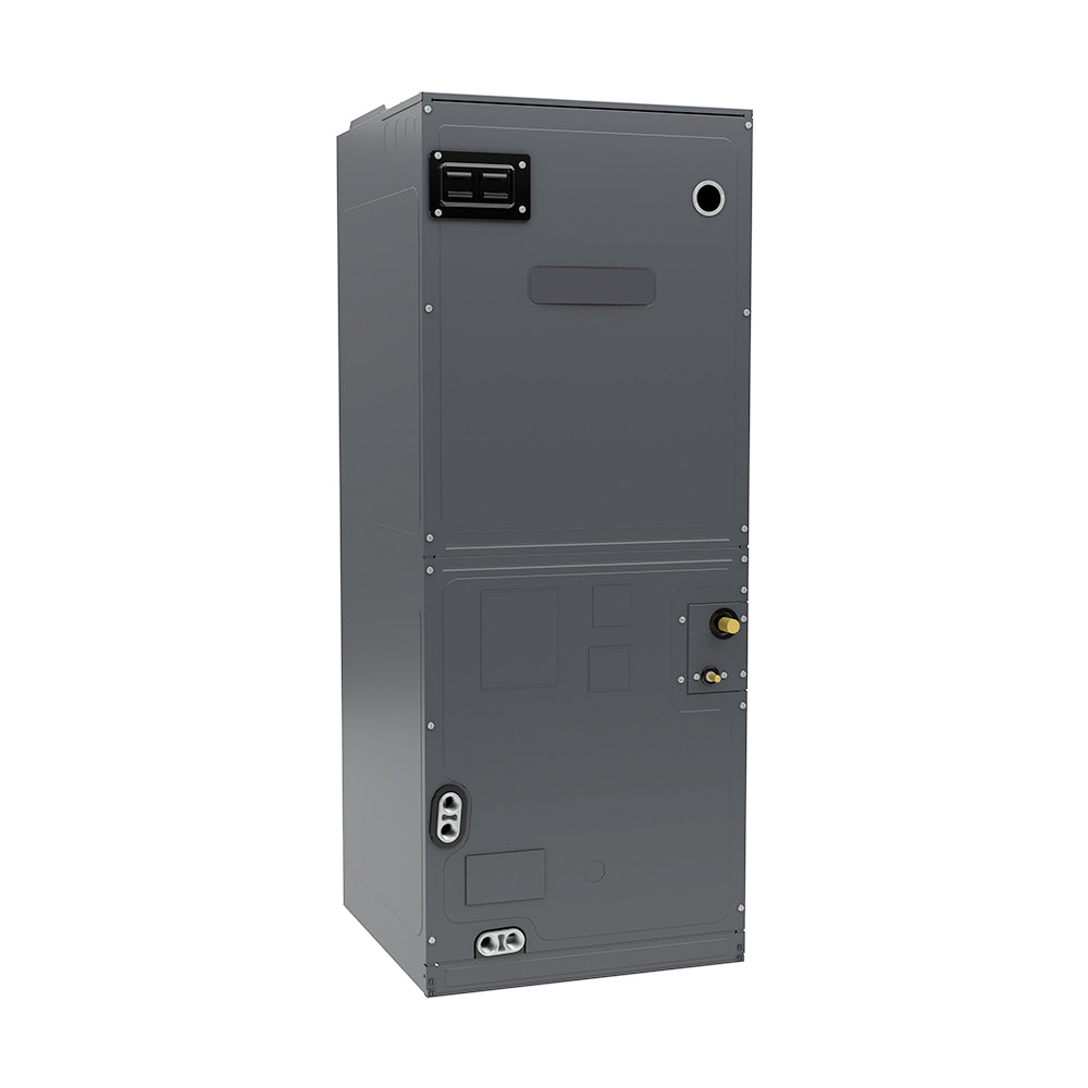 Dark gray metal air handler unit with control panel and service access ports