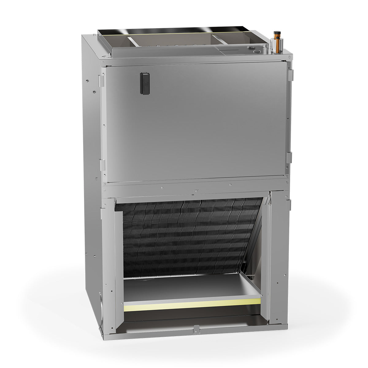 3-ton air handler cabinet, gray metal with open front access panel and airflow section