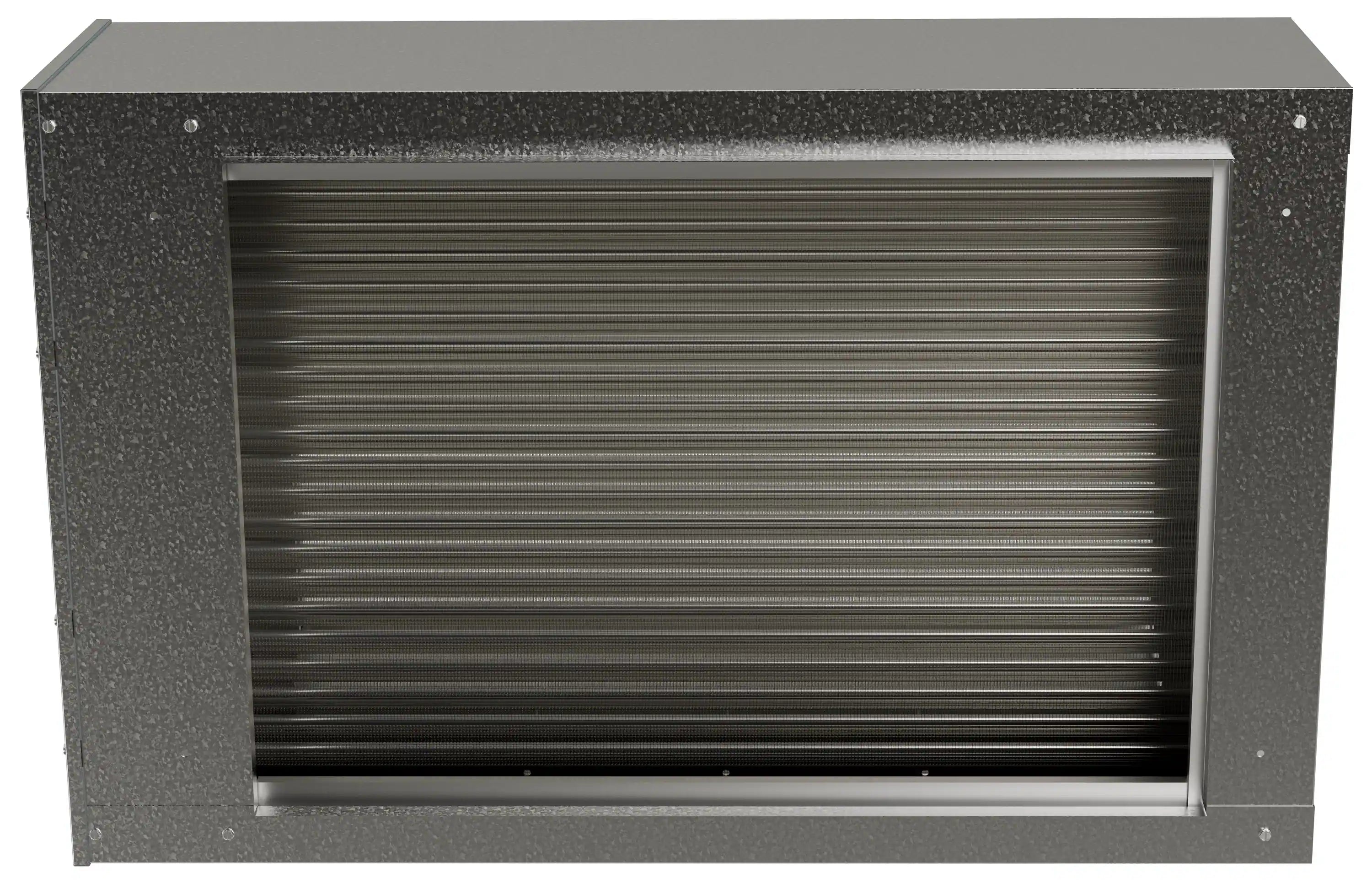 Rectangular metal HVAC coil housing with louvered air vents