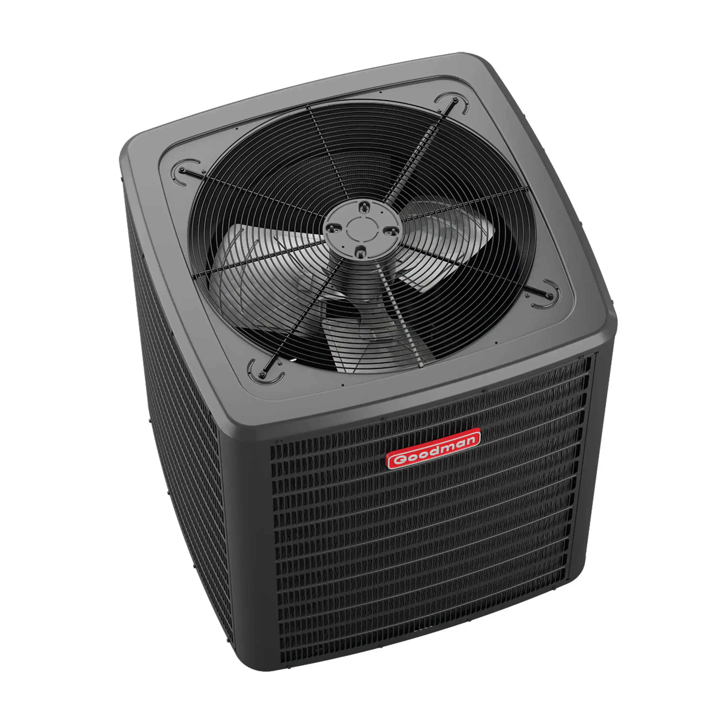 Outdoor Goodman air conditioner condenser unit with fan top and side grille vents
