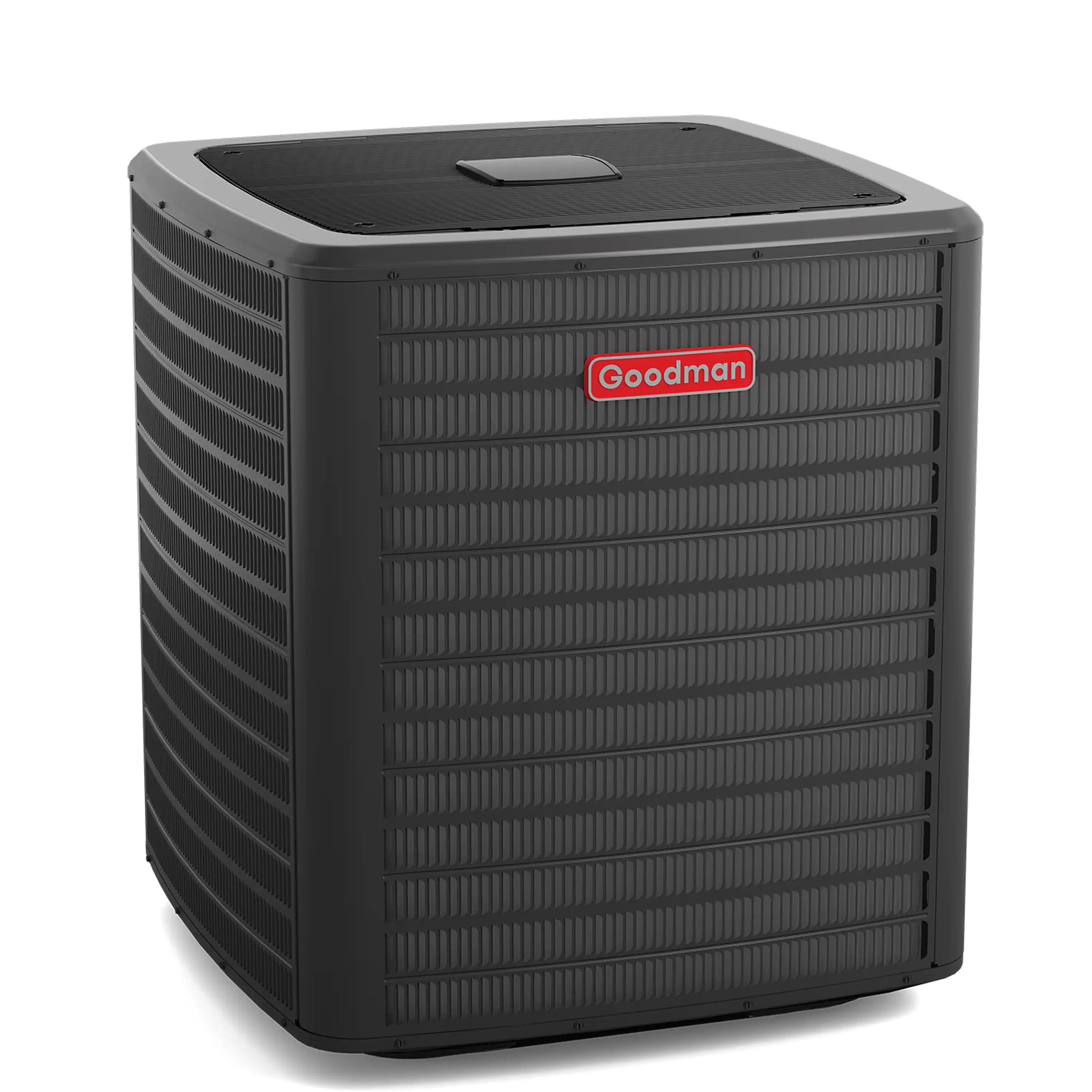 Goodman split air conditioner outdoor unit, dark gray cabinet with top fan grille