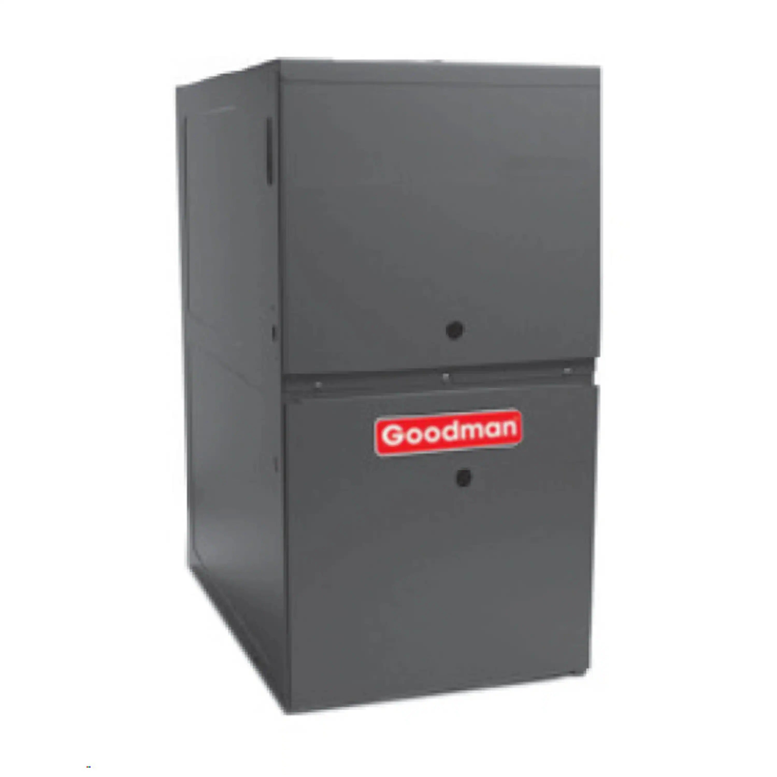Gas furnace cabinet in gray with Goodman logo on front panel