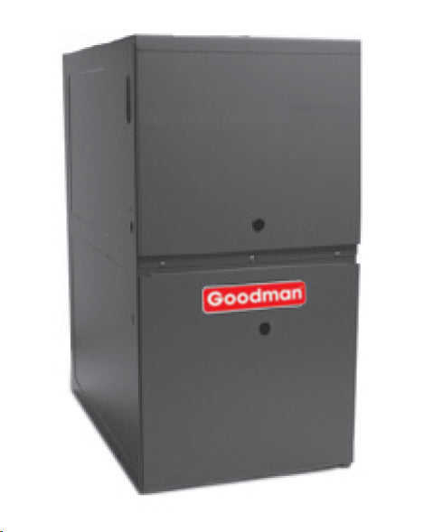 Gray Goodman gas furnace cabinet with red Goodman logo badge