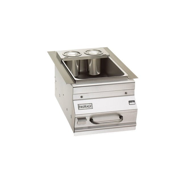 FireMagic stainless steel warming caddy with two cup holders and drawer handle