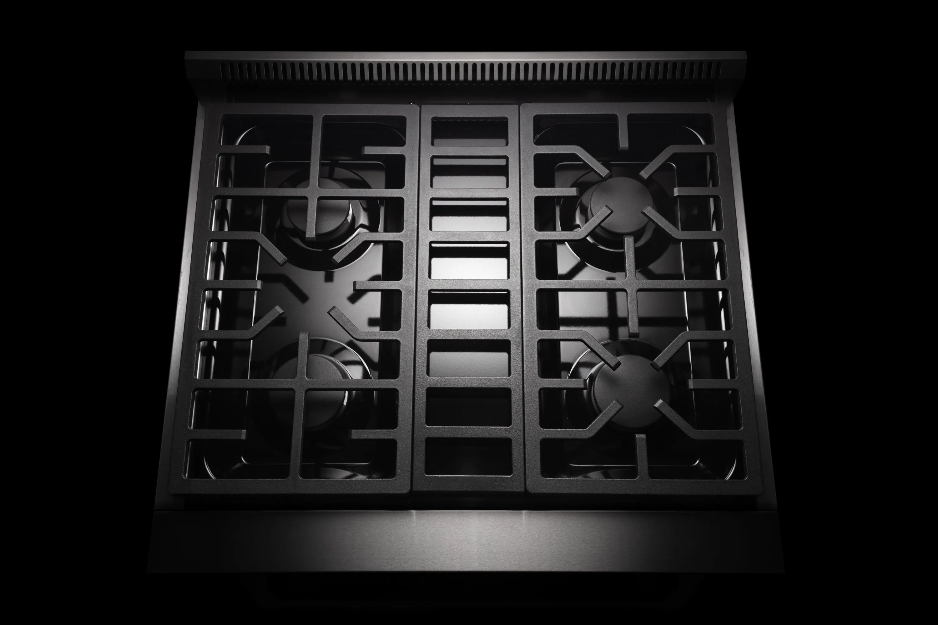 Stainless steel gas burner grate layout with four burners