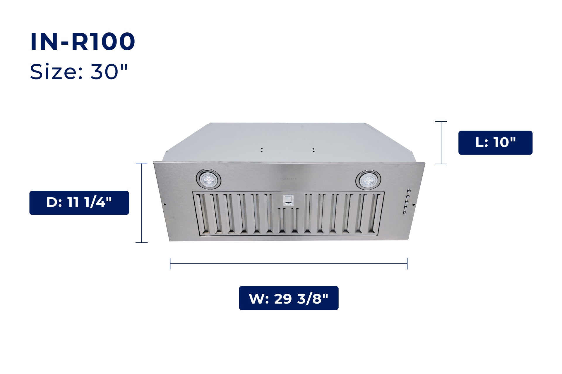 30 in stainless steel range hood insert with front vent shown and D/W dimensions