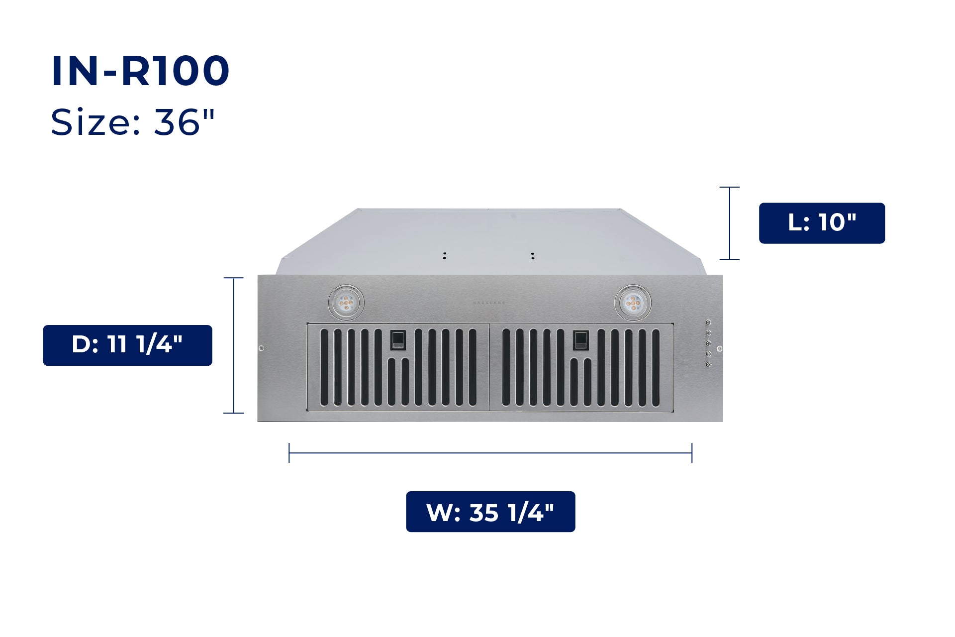 36 in stainless steel range hood insert with front vent shown and D/W dimensions