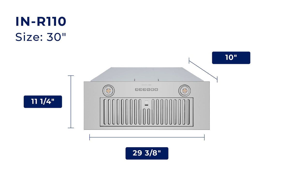 Stainless steel recessed insert range hood front view with 30 in size dimensions