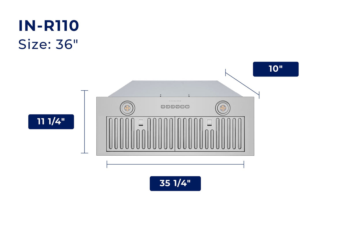 Stainless steel recessed insert range hood front view with 36 in size dimensions