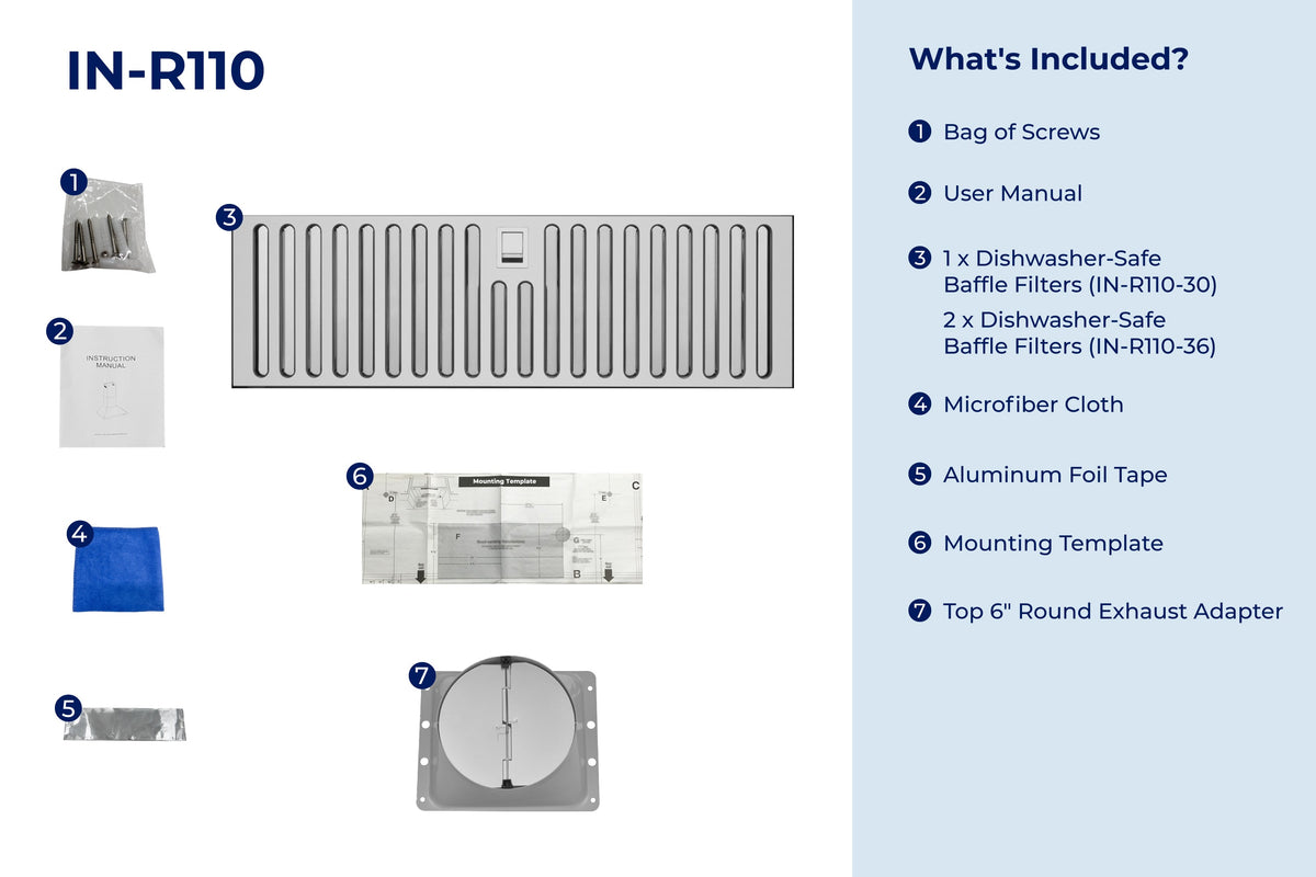 Stainless steel recessed insert range hood parts diagram with mounting components