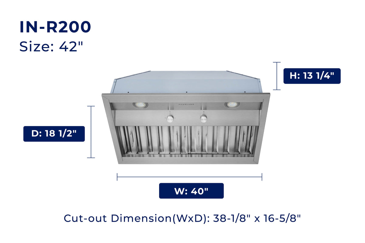 42-inch stainless steel built-in insert range hood size and cut-out dimension diagram