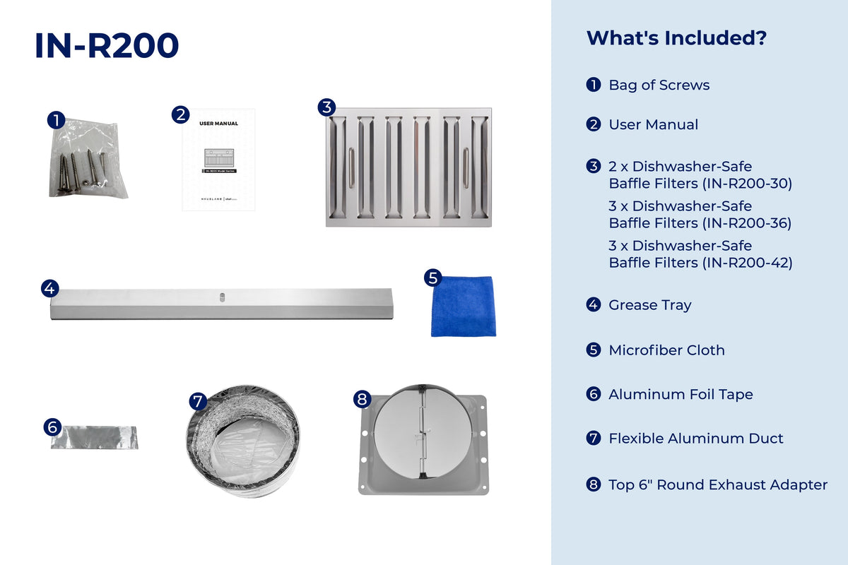 Stainless steel range hood insert parts kit with filters, grease tray, duct and adapters