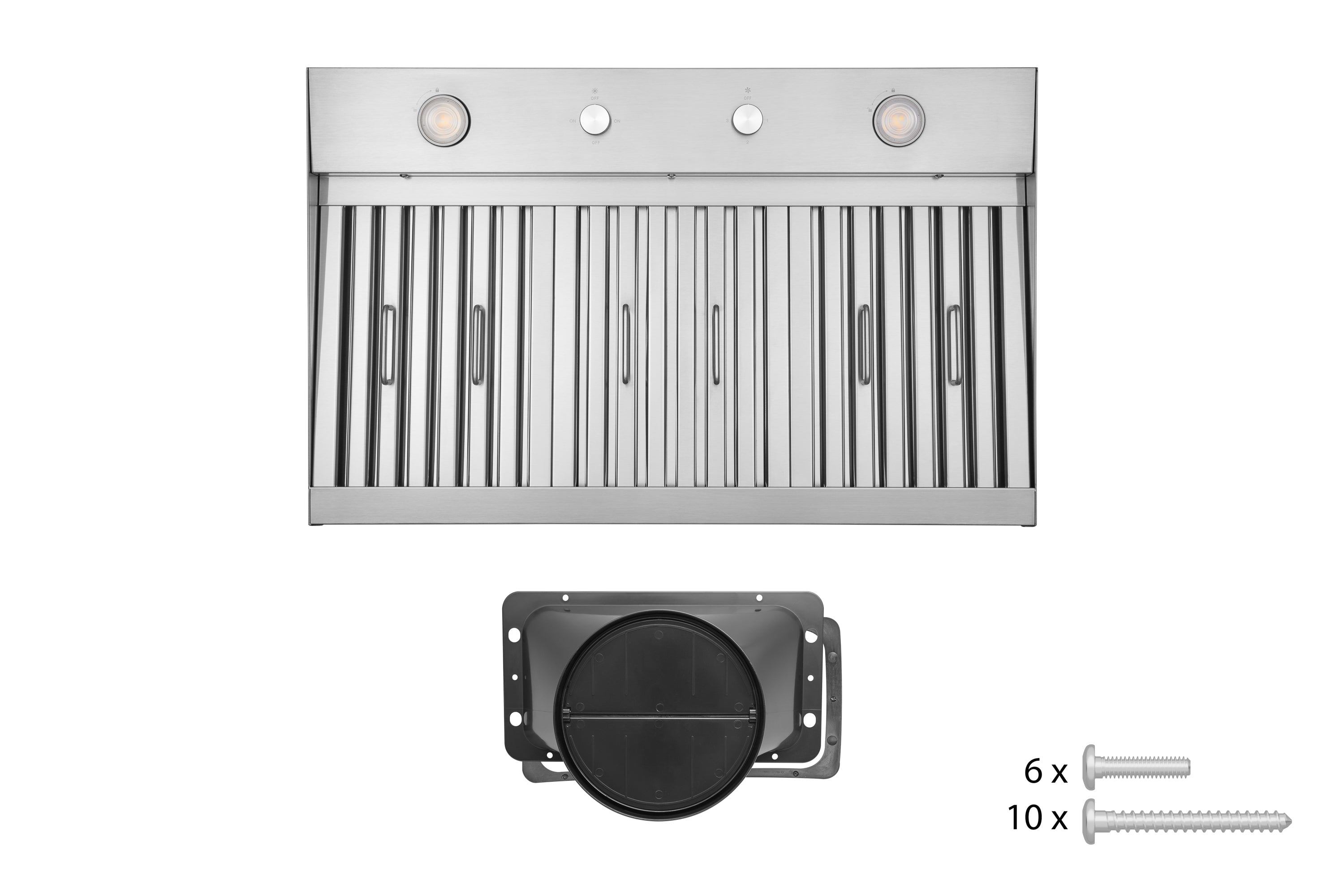 Stainless steel range hood front with vent slats; included duct cover and screws shown.