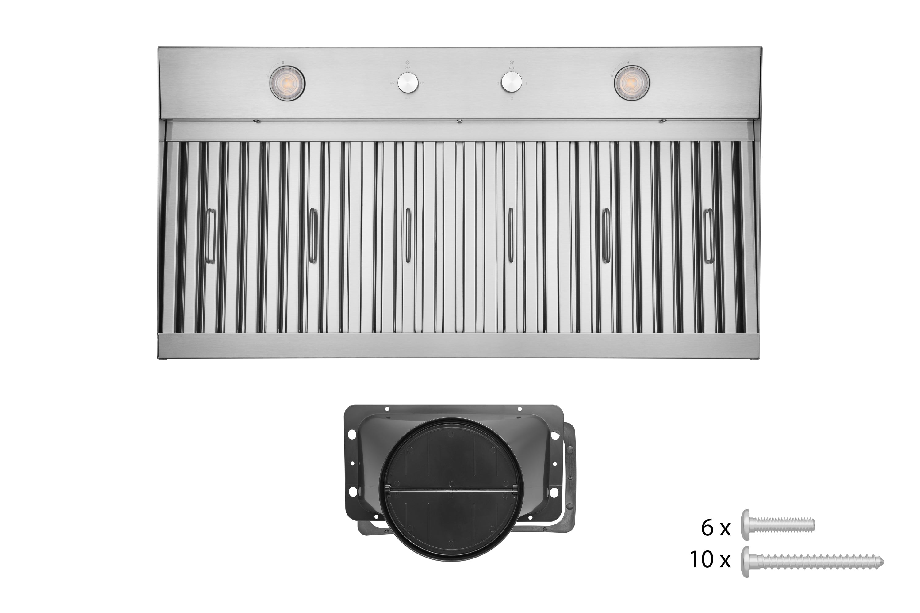 Stainless steel range hood front with vent grille; included duct cover and mounting hardware.