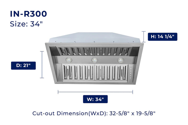 Hauslane 34-Inch 500 CFM Convertible Built-In Insert Range Hood in Stainless Steel, 21-Inch Deep (IN-R300SS-34)