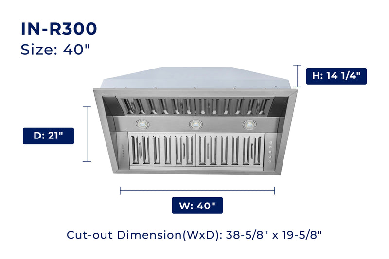 Hauslane 500 CFM Convertible Built-In Insert Range Hood in Stainless Steel, 21-Inch Deep (IN-R300)