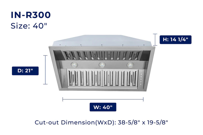 Hauslane 40-Inch 500 CFM Convertible Built-In Insert Range Hood in Stainless Steel, 21-Inch Deep (IN-R300SS-40)