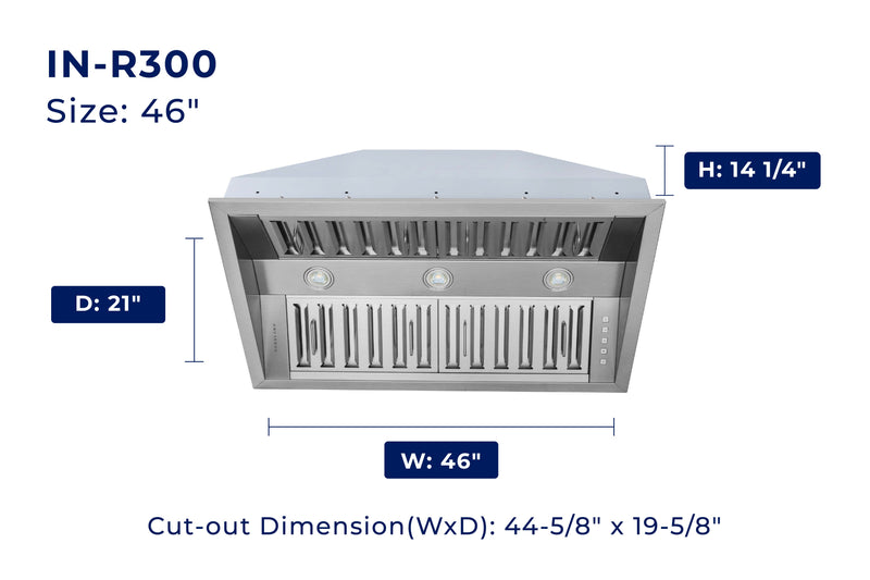 Hauslane 500 CFM Convertible Built-In Insert Range Hood in Stainless Steel, 21-Inch Deep (IN-R300)