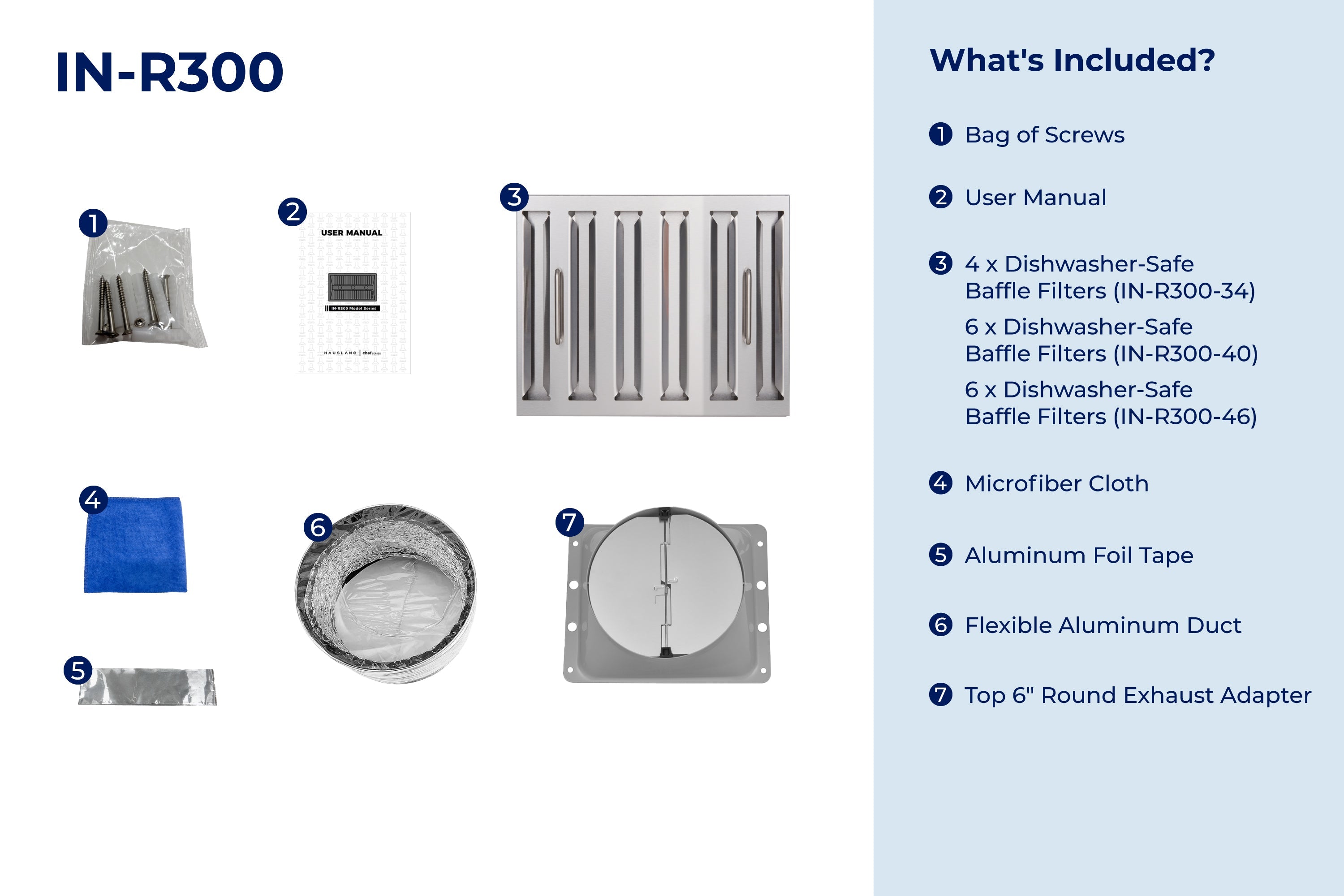 Convertible built-in range hood insert kit and included accessories diagram