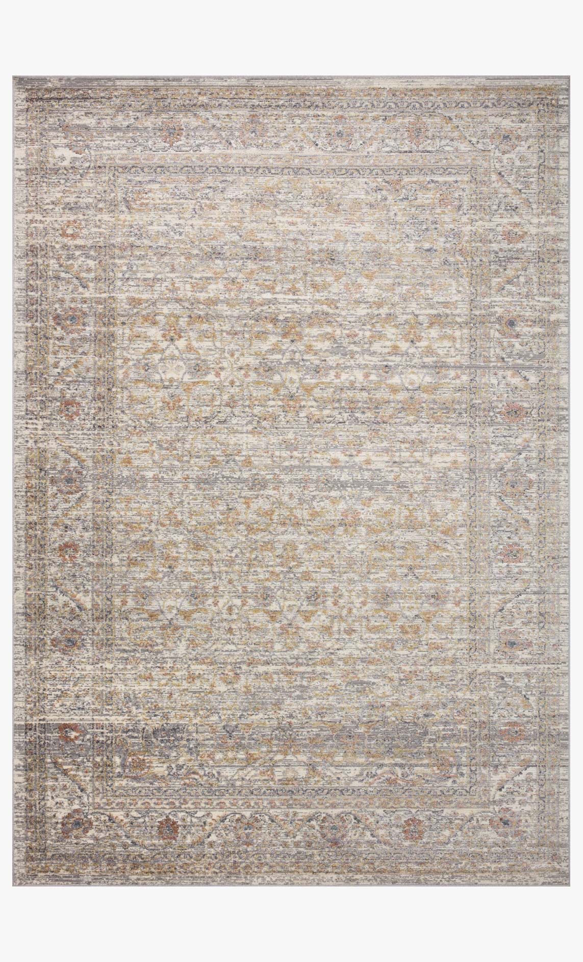 Stone accent rug with ornate border and faded multicolor geometric pattern, flat weave