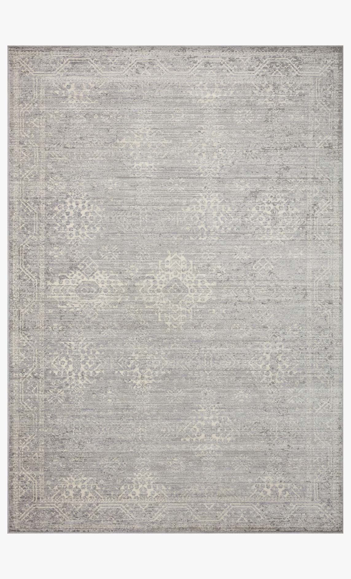 Contemporary silver and ivory area rug with distressed geometric pattern and flat border