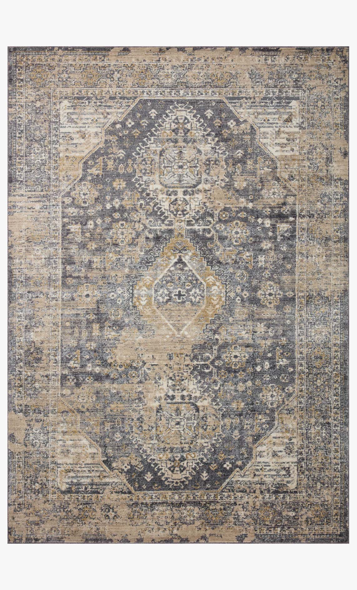 Contemporary area rug with central medallion and geometric motifs, charcoal and natural beige