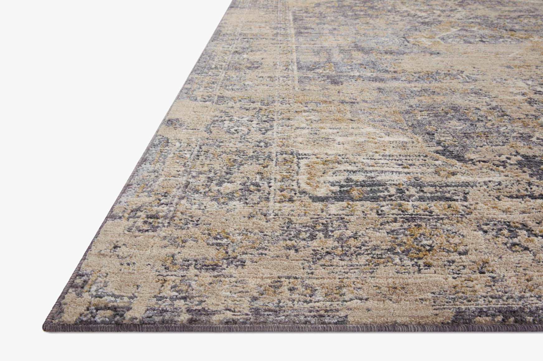 Charcoal and natural runner rug with distressed geometric pattern and border, 2'6" x 8'
