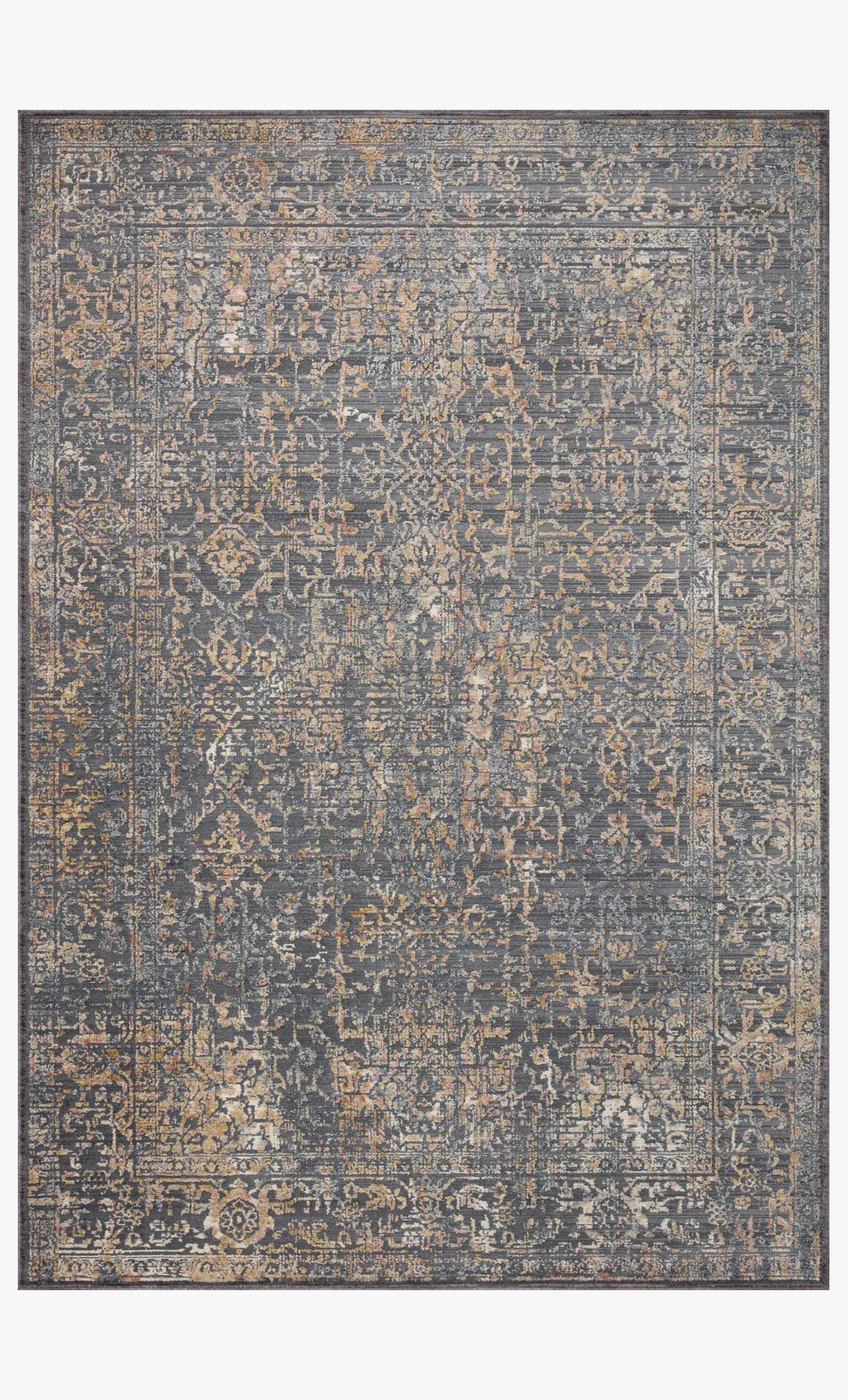 Rectangular accent rug with vintage-style abstract motif in graphite blue and warm sunset hues