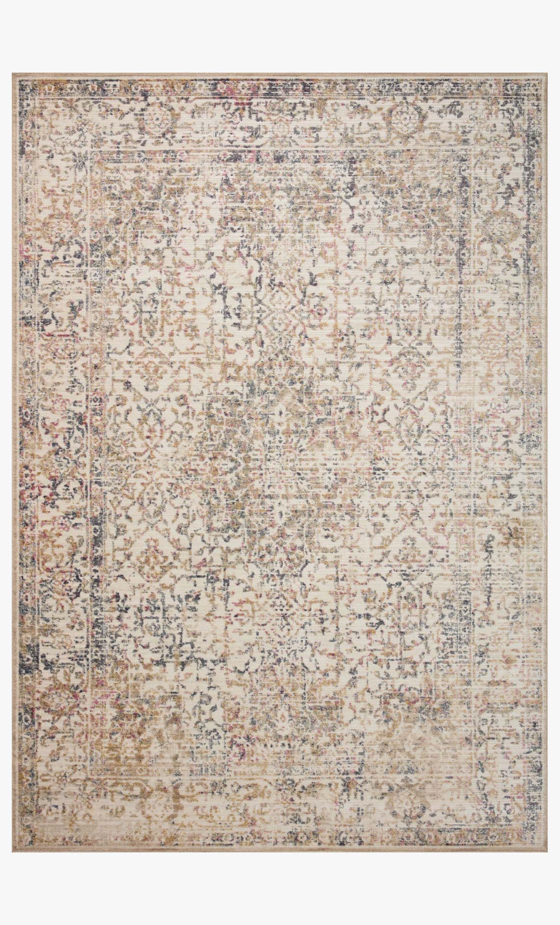 Ivory contemporary area rug with central medallion and ornate border in muted colors