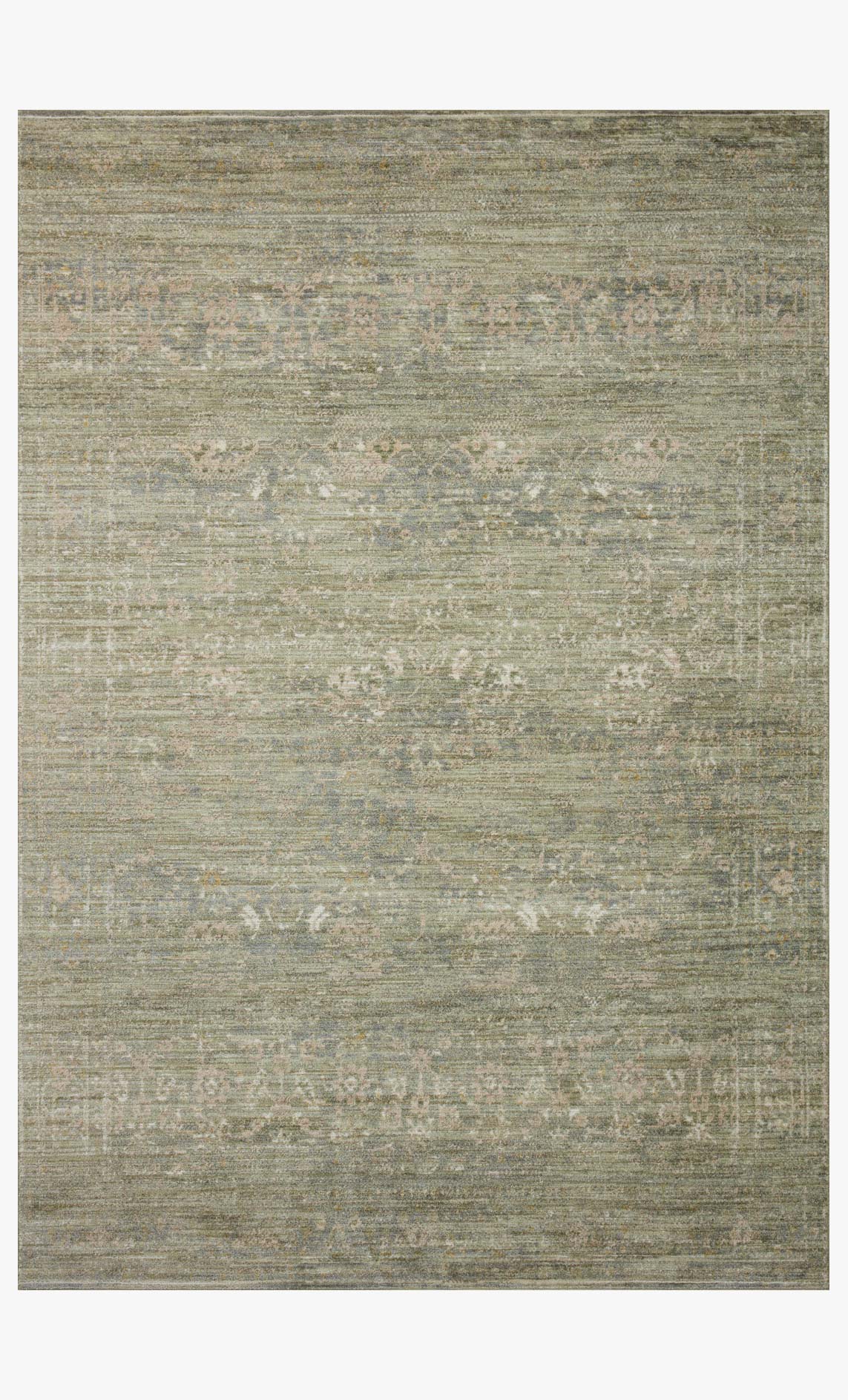 Rectangular sage green area rug with natural distressed pattern, flatweave style