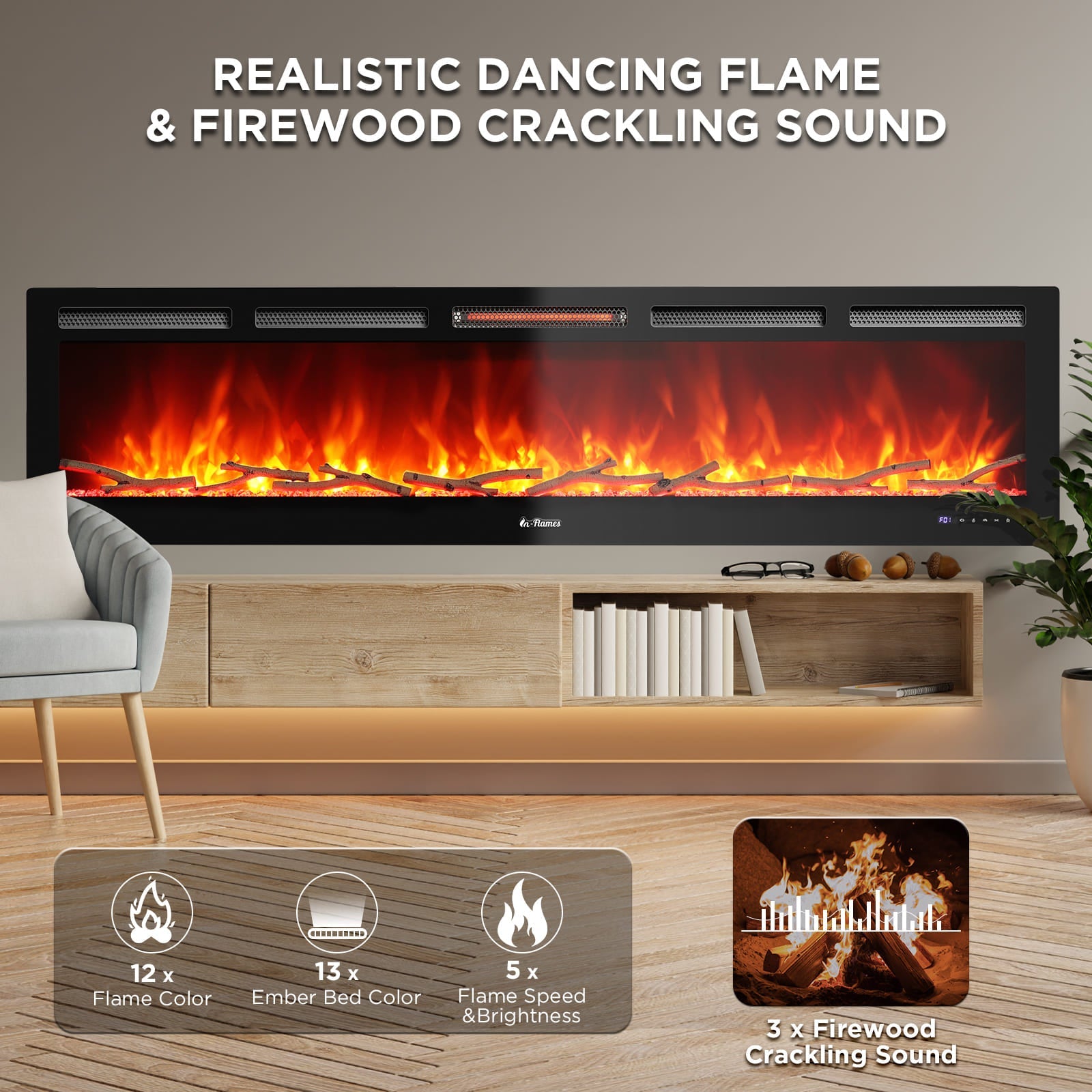 Wall-mounted electric fireplace with tempered glass, black frame, remote and smartphone app