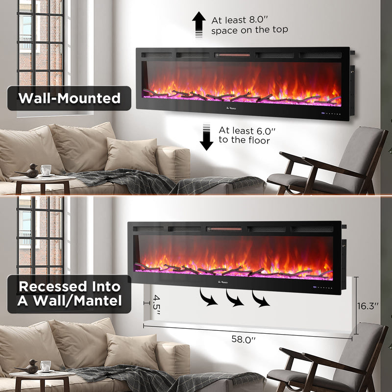 TURBRO In Flames INF72W-3D WiFi Smart Wall Mounted Electric Fireplace, 1500W Infrared Quartz Heating - Tempered Glass (707-98-186A)