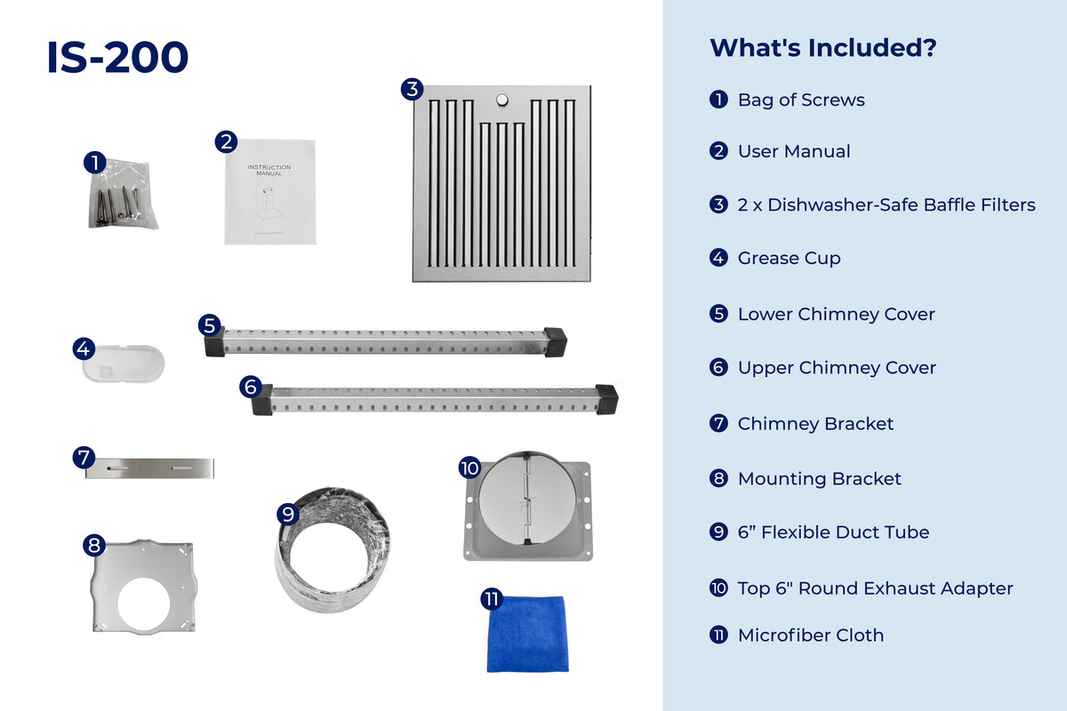 IS-200 convertible range hood parts diagram: baffle filters, chimneys, brackets, adapter