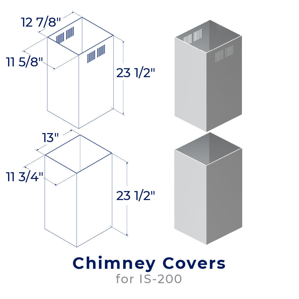 Gray vented chimney cover kit with two rectangular chimney covers, with size diagram